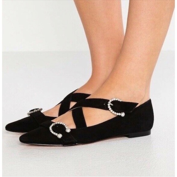 ❤️SOLD❤️ J. CREW MARINA FLATS SUEDE CRISSCROSS STRAPS ADJ CRYSTAL PEARL BUCKLE